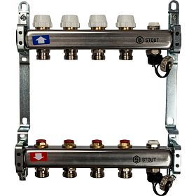 STOUT Коллектор из нержавеющей стали без расходомеров, с клапаном вып. воздуха и сливом 4 вых.