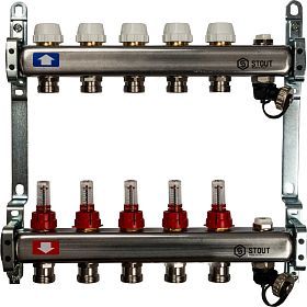 STOUT Коллектор из нержавеющей стали с расходомерами, с клапаном вып. воздуха и сливом 5 вых.